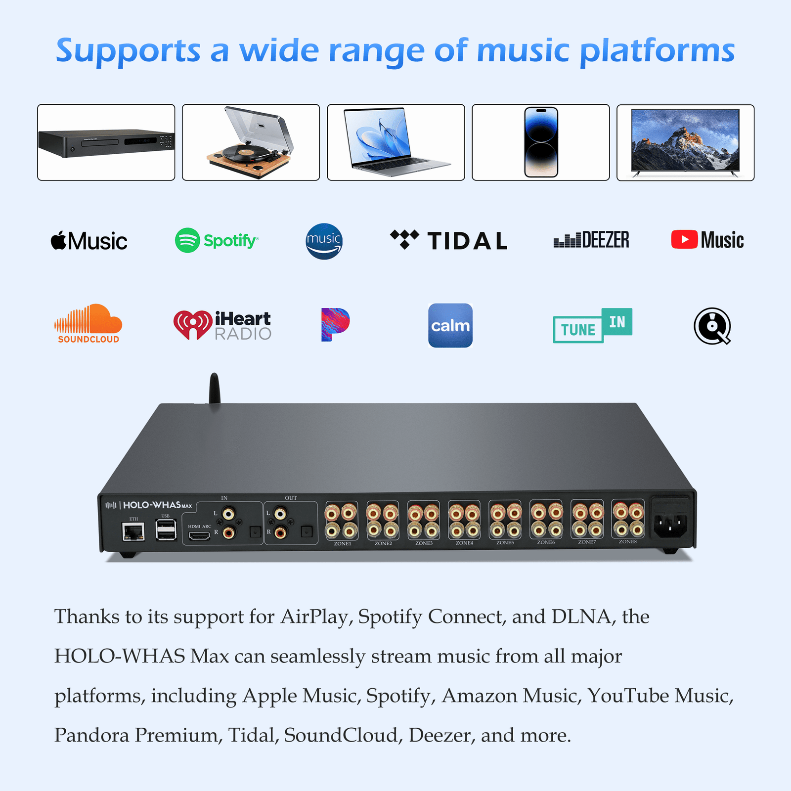 HOLO-WHAS max support a wide range of music platform