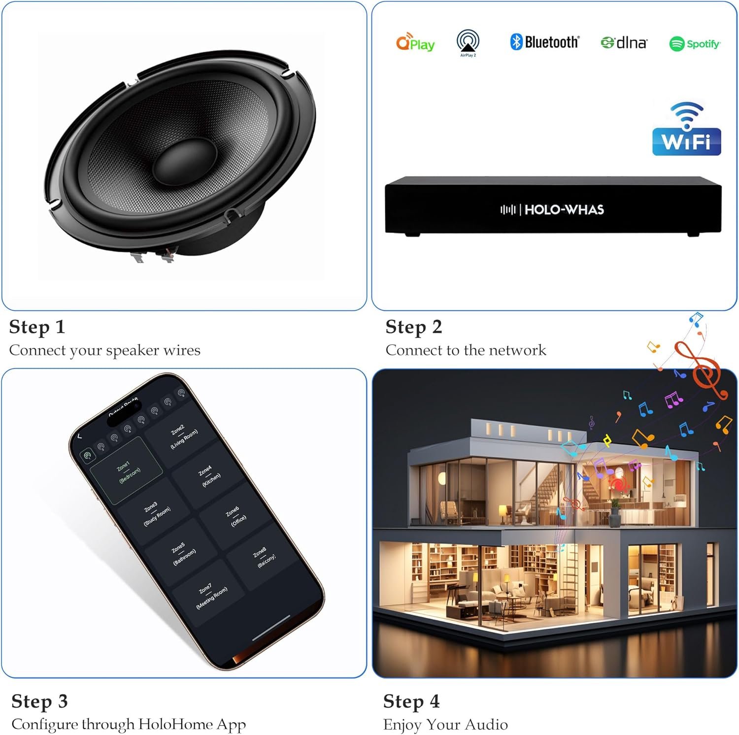 HOLO-WHAS is an 8-zone multi-room streaming amplifier
