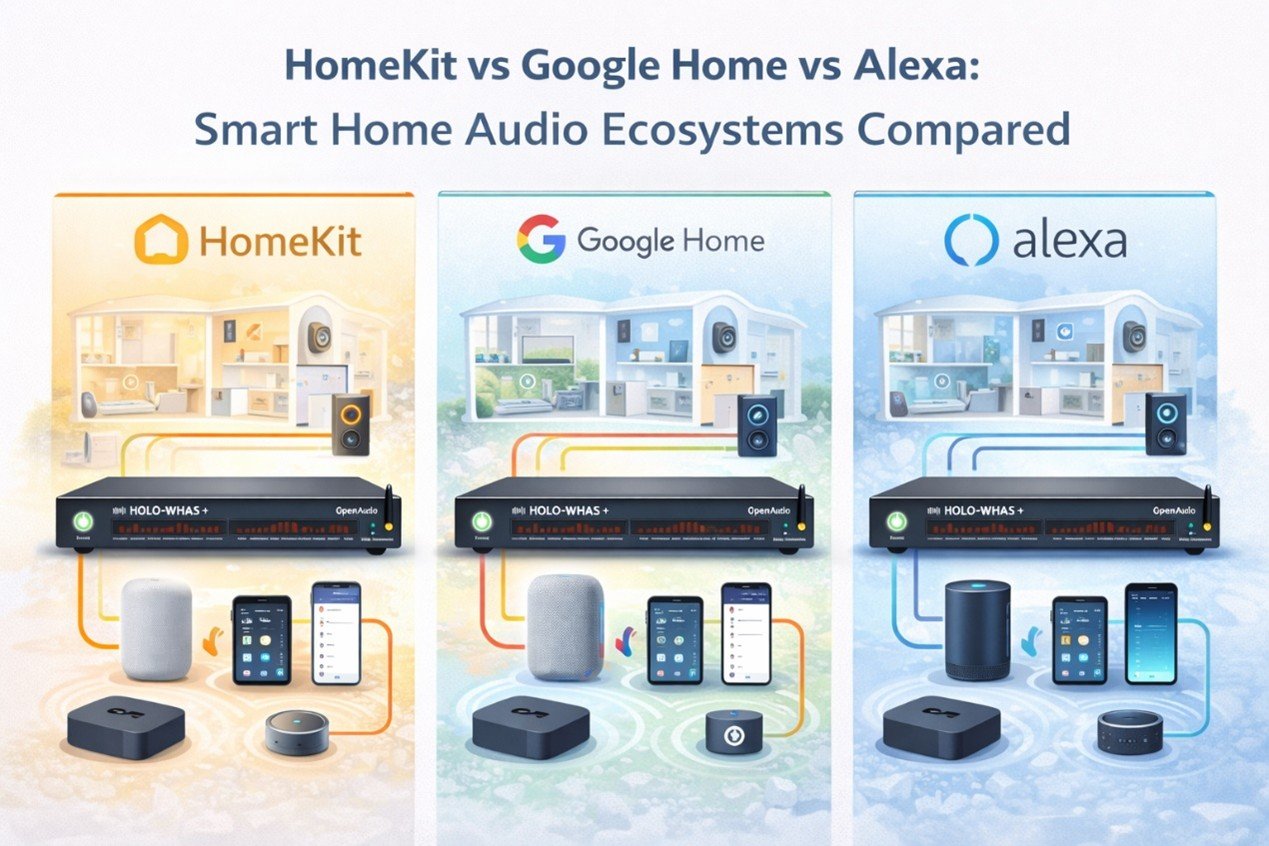 HomeKit Google Home Alexa smart home audio ecosystem comparison for multi-room systems
