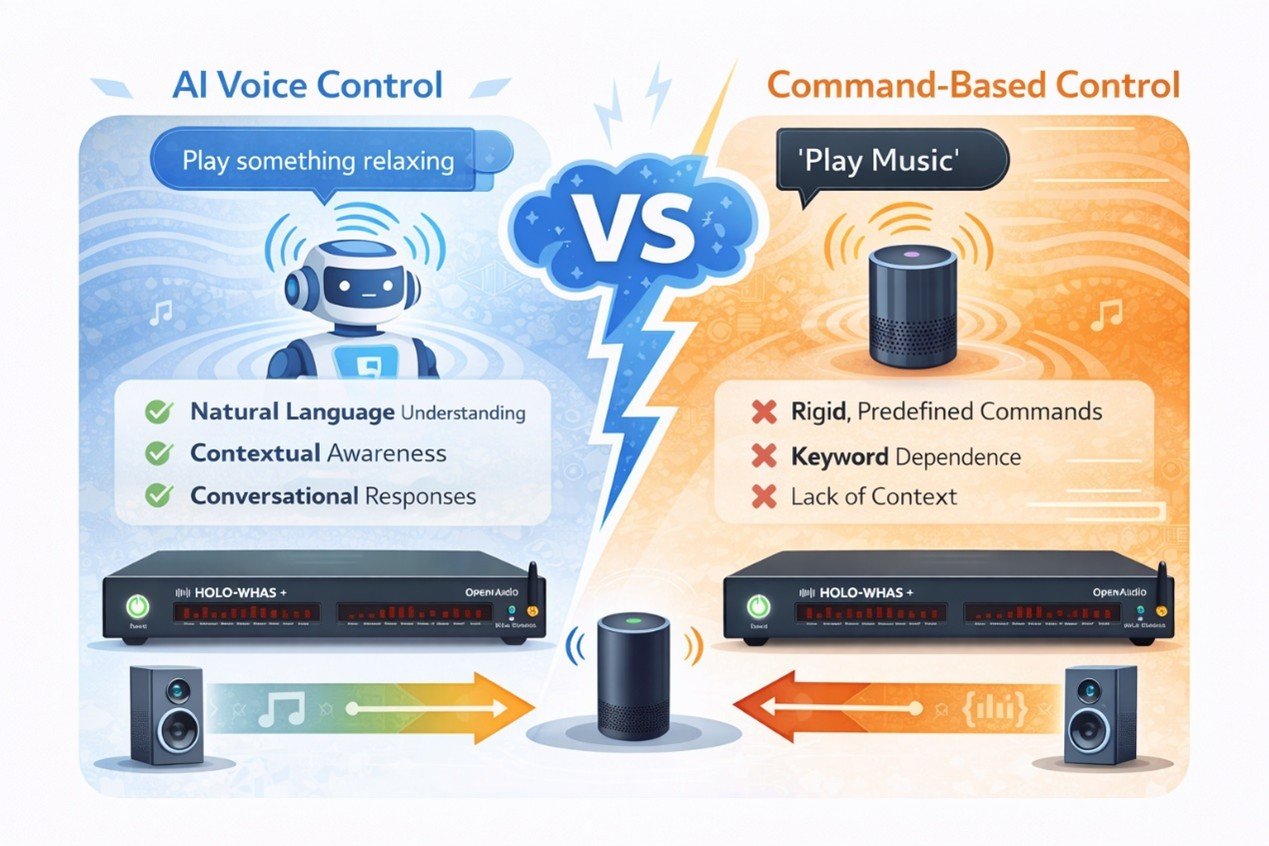 AI voice control vs command-based voice control for smart home multi-room audio systems